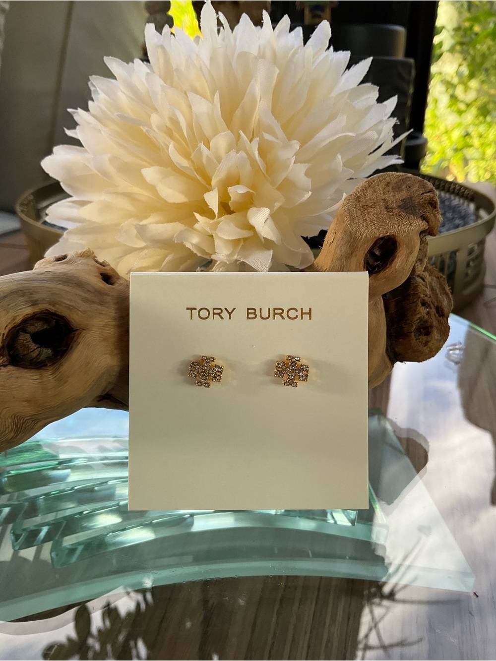 Tory Burch Gold Crystal Logo Stud Earrings